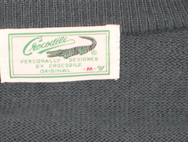 Crocodile Men Green Wool V-Neck Jumper M Tight-Knit Classic