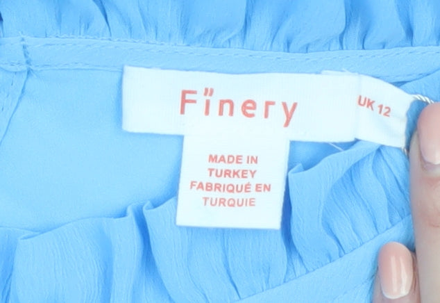 Finery Women's Blue Midi A-Line Dress UK 12 Puff Sleeve Ruffle Hem