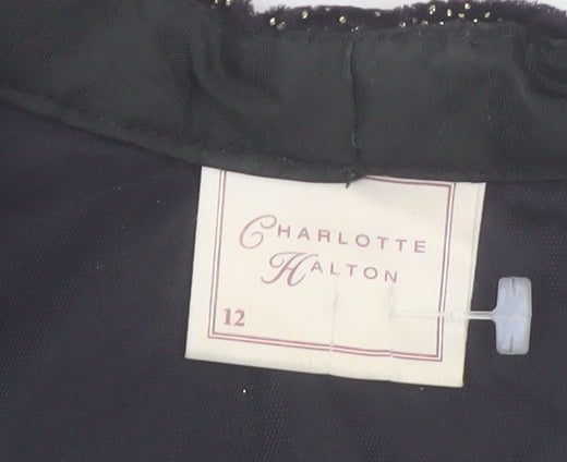 Charlotte Halton Women’s Black Beaded Velvet Blouse Size 12 Evening Classic