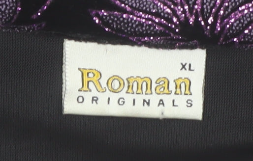 Roman Originals Womens Black Purple Velvet Floral Tunic Blouse XL