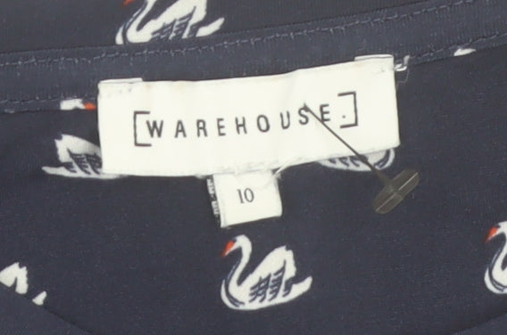 Warehouse Womens Blue Swan Print Tie Sleeve T-Shirt Size 10