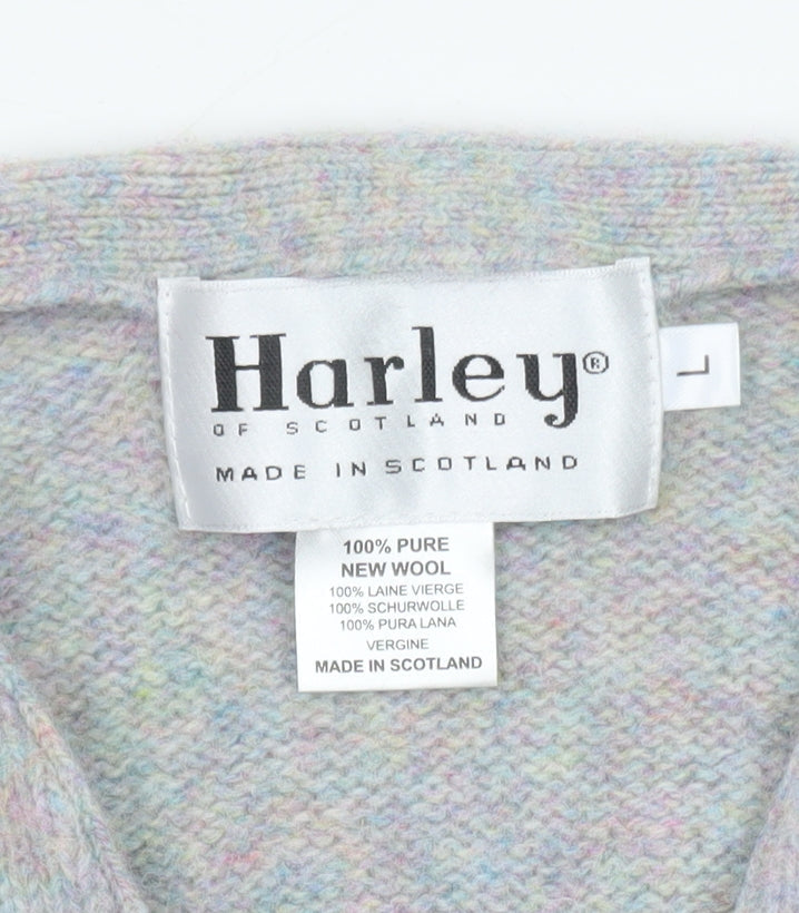 Harley of Scotland Women Grey Wool Cardigan L V-Neck Knit