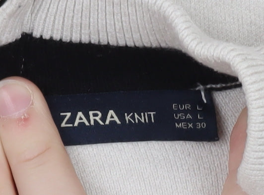 Zara Women's Ivory Mock Neck Full Zip Knit Jumper Size 14