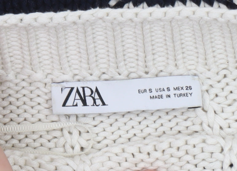 Zara Women Ivory Navy Striped Cable-Knit Cotton Jumper Size S