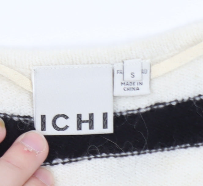 ICHI Women’s Black & White Striped V-Neck Knit Jumper Size S