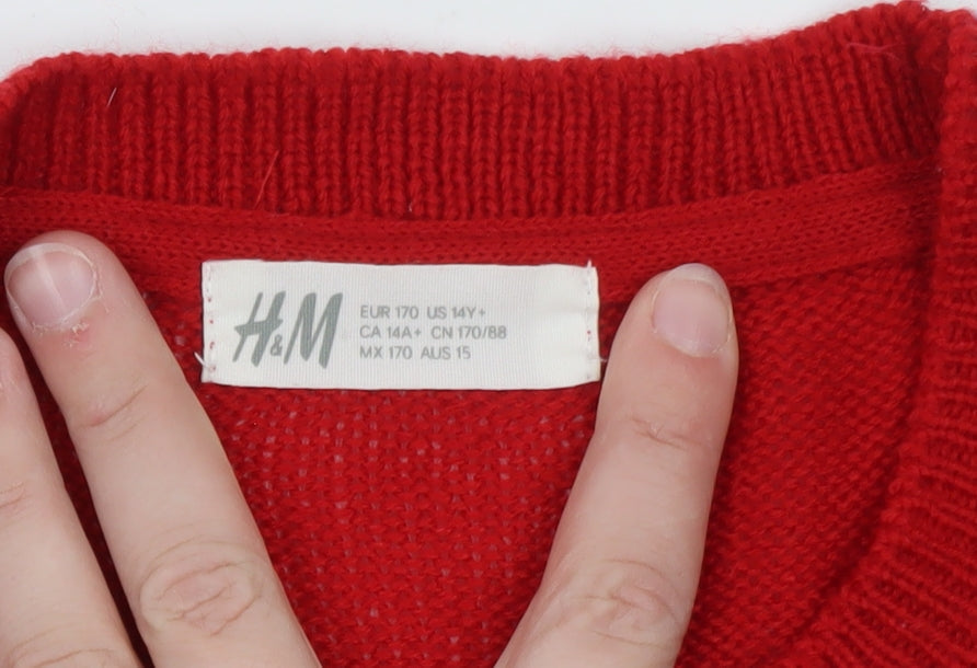 H&M Teens Red Christmas Tree Jumper Acrylic Knit Size 14Y+