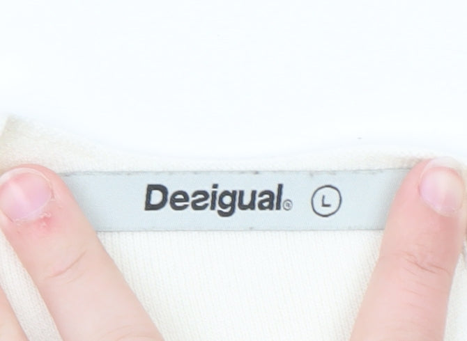 Desigual Women White Striped Shift Dress L Embroidered Floral
