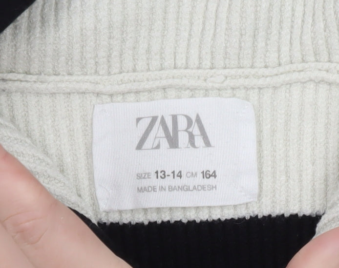 Zara Teens Black White Striped Collared Henley Knit Jumper XS