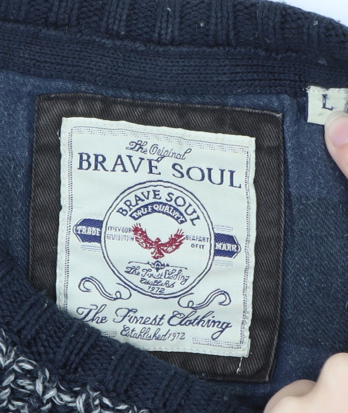 Brave Soul Mens Blue Waffle-Knit Crew Neck Jumper Size L