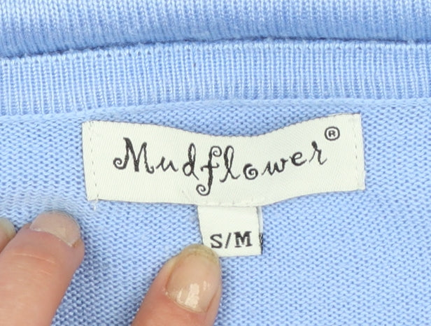 Mudflower Women Blue Floral Knit Short Sleeve Pullover Jumper S