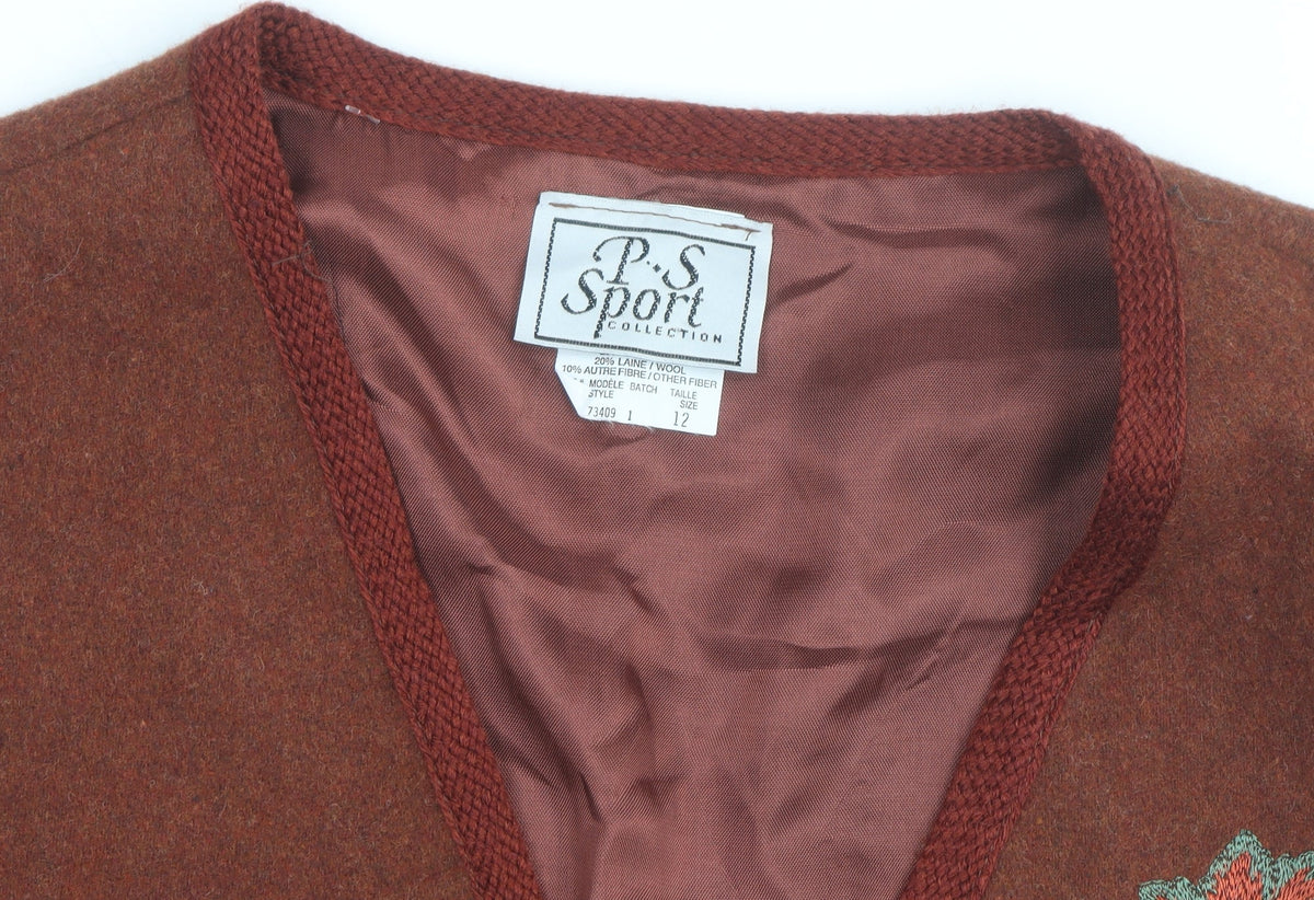 P.S. Sport Collection Women's Brown Wool Blend Embroidered Waistcoat Size 12
