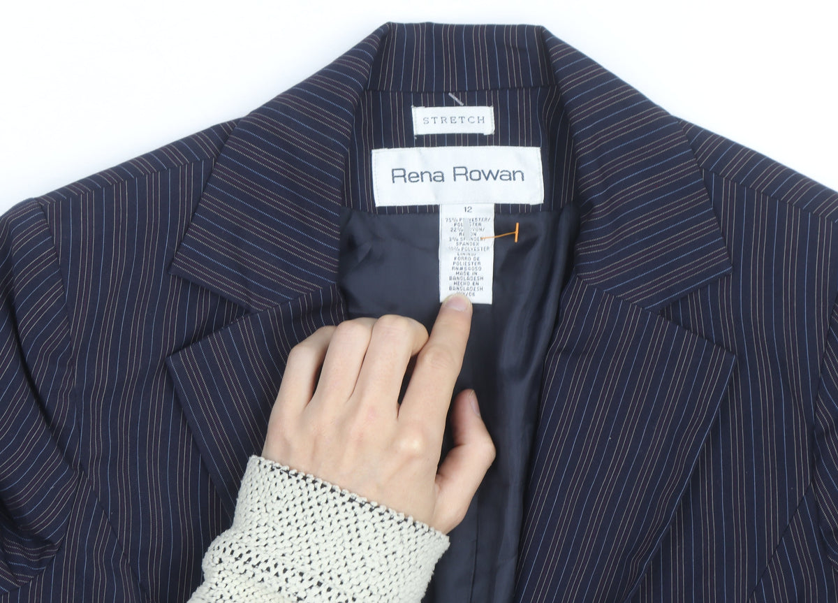 Rena Rowan Women Blue Pinstripe Blazer Size 12 Regular Fit