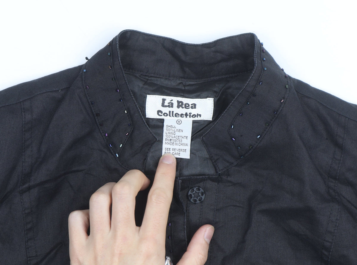 La Rea Collection Women's Black Linen Tunic Blouse M 3/4 Sleeve Beaded
