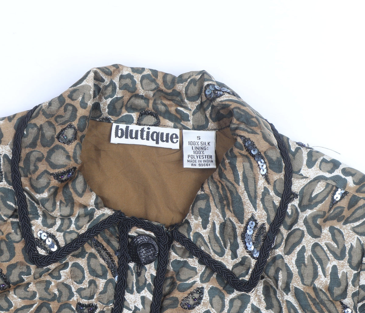 Blutique Women Animal Print Silk Sequin Short Jacket Size S Brown