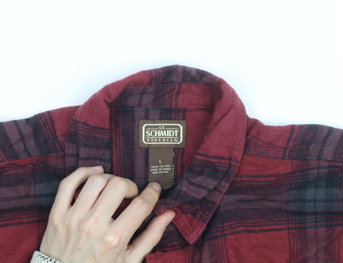 C.E. Schmidt Men's Red Plaid Flannel Cotton Button-Up Work Shirt L