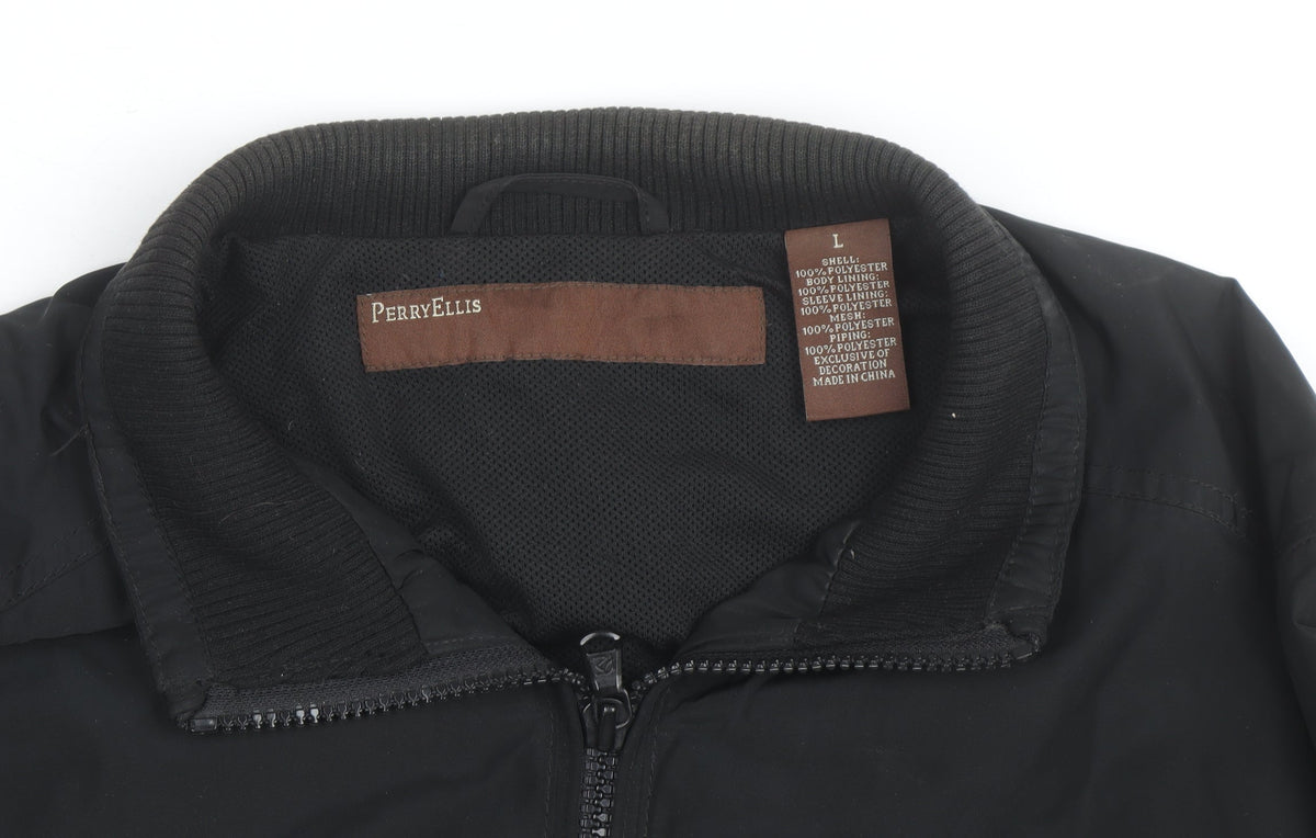 Perry Ellis Men's Black Bomber Jacket L Full Zip Polyester Casual