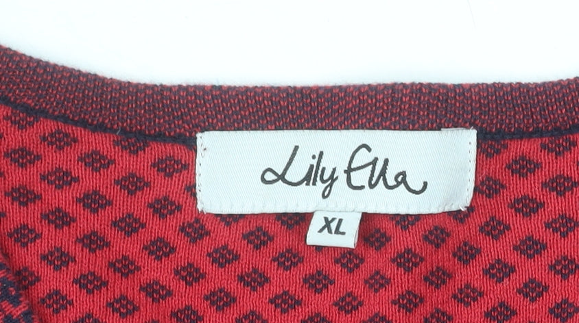 Lily Ella Women's Red Geometric V-Neck Cotton Jumper XL