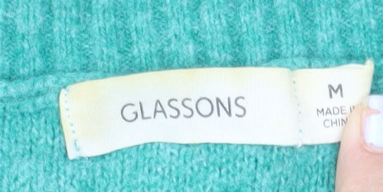 Glassons Women Green Geometric Knit Crew Neck Pullover Jumper Size M