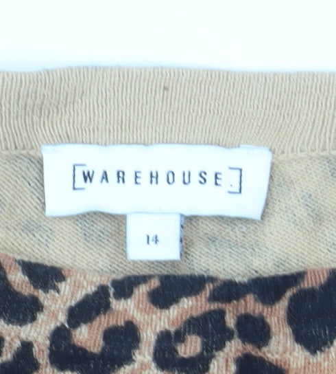 Warehouse Womens Brown Leopard Print Cotton Blend Jumper Size 14