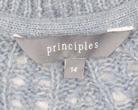 Principles Women Grey Open-Knit Crew Neck Long Sleeve Jumper Size 14