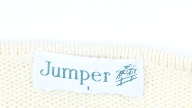 Jumper Womens Beige V-Neck Cotton Cable Knit Pullover L