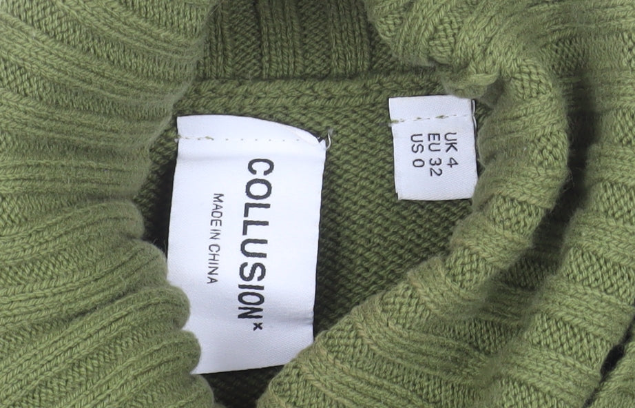 Collusion Women's Green Roll Neck Logo Jumper Size 4