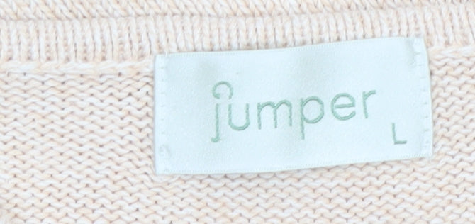 Jumper Women Beige V-Neck Cable-Knit Cotton Pullover L