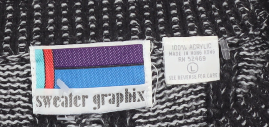 Sweater Graphix Men's Black Striped Acrylic Crew Neck Jumper L Vintage