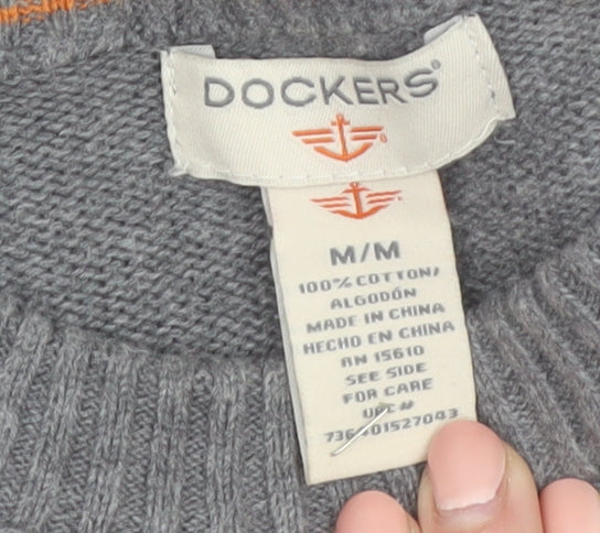Dockers Men's Grey Check Cotton Crew Neck Pullover Jumper Medium
