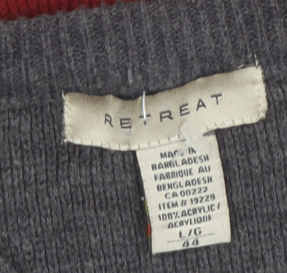 Retreat Men's Grey Red V-Neck Acrylic Pullover Jumper L