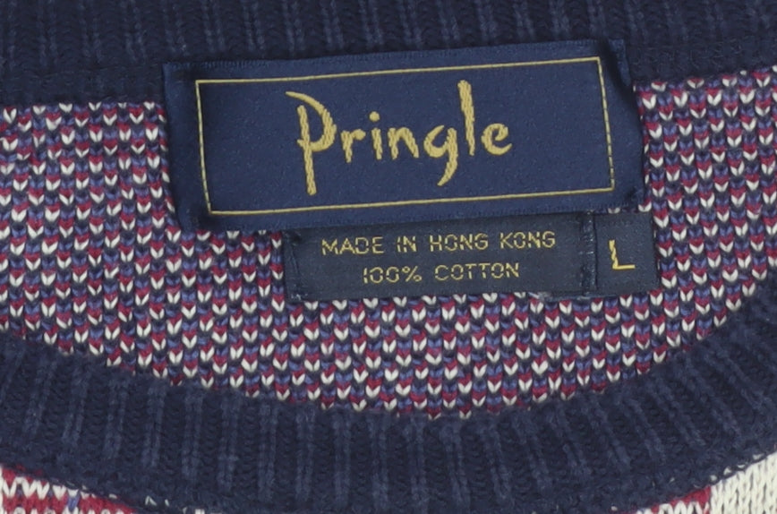 Pringle Men's Multicoloured Check Cotton Jumper L Crew Neck Vintage Knit