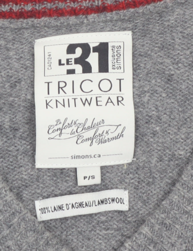 Le 31 Men’s Grey Lambswool V-Neck Pullover Jumper S