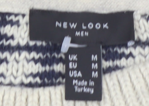 New Look Men Blue Check Knit Crew Neck Jumper Size M