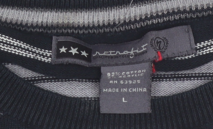Retrofit Men's Black Striped Cotton Pullover Jumper Size L