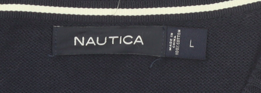 Nautica Men Blue Argyle Sleeveless Cotton Knit Vest L Classic V-Neck Jumper