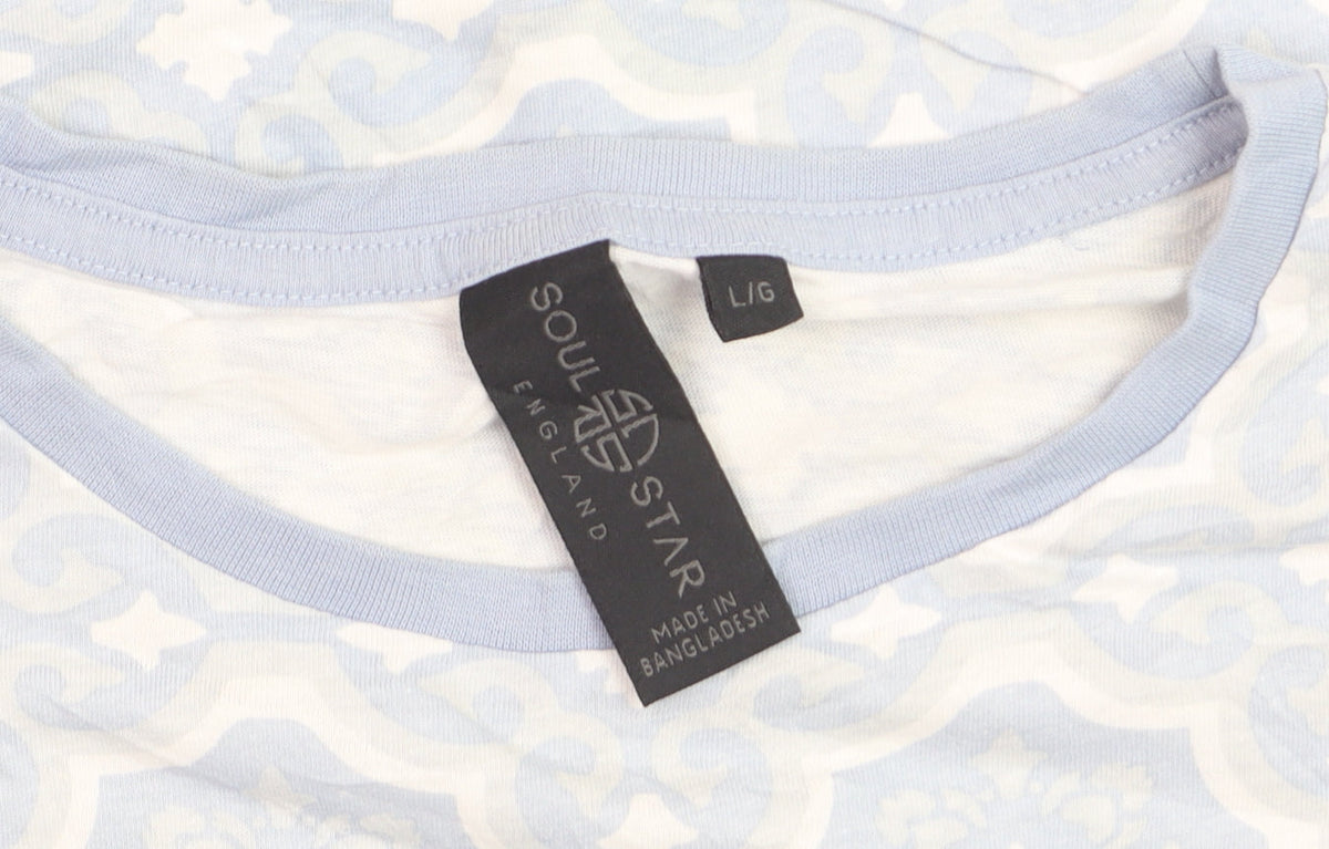 Soul Star Men's Blue Geometric Crew Neck Cotton T-Shirt Size L