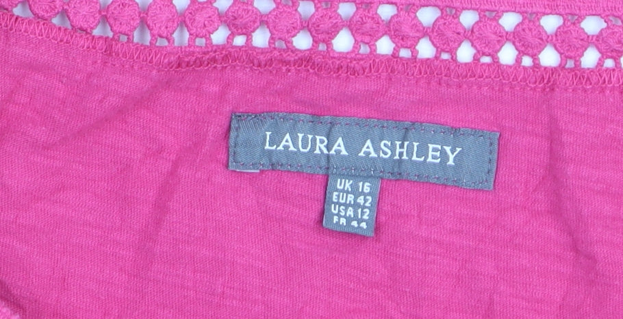 Laura Ashley Women's Pink Cotton Crochet Neck Short Sleeve Top Size 16
