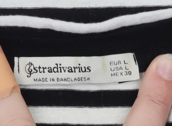 Stradivarius Women's Black Striped Cotton T-Shirt Size 14