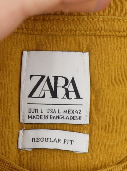 Zara Men Yellow Regular Fit Cotton Crew Neck Short Sleeve T-Shirt L