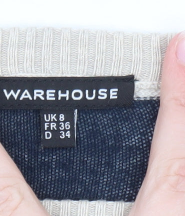 Warehouse Women Beige Navy Striped Jumper UK 8 3/4 Sleeve Boat Neck