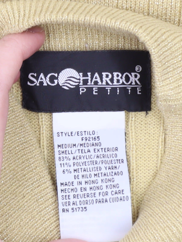 Sag Harbor Petite Women Beige Mock Neck Short Sleeve Pullover M