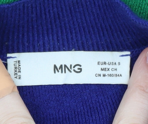 Mango Women's Blue Green Striped Wool Blend Mock Neck Jumper S