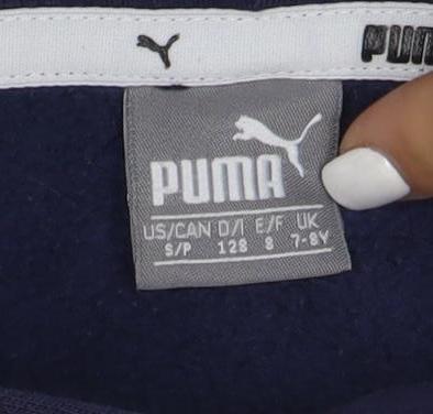 Puma Boys Navy Blue Pullover Hoodie 7-8 Years Logo Print Cotton Blend