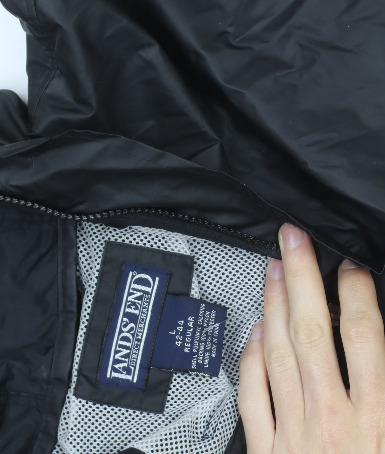 Lands' End Men's Black L Waterproof Hooded Rain Jacket Lined