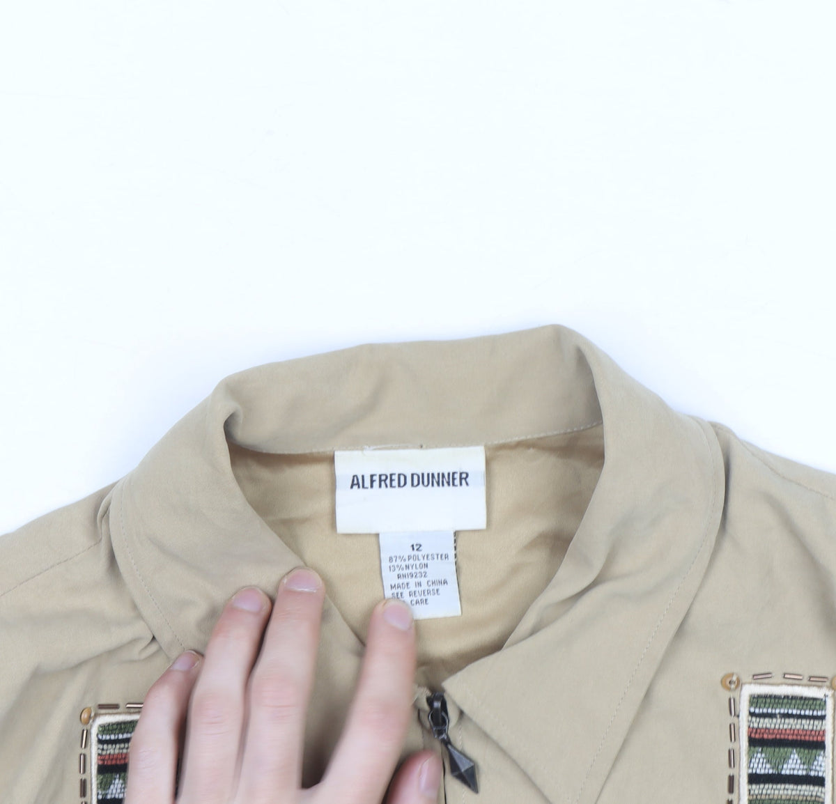 Alfred Dunner Womens Beige Embroidered Zip Jacket Size 12