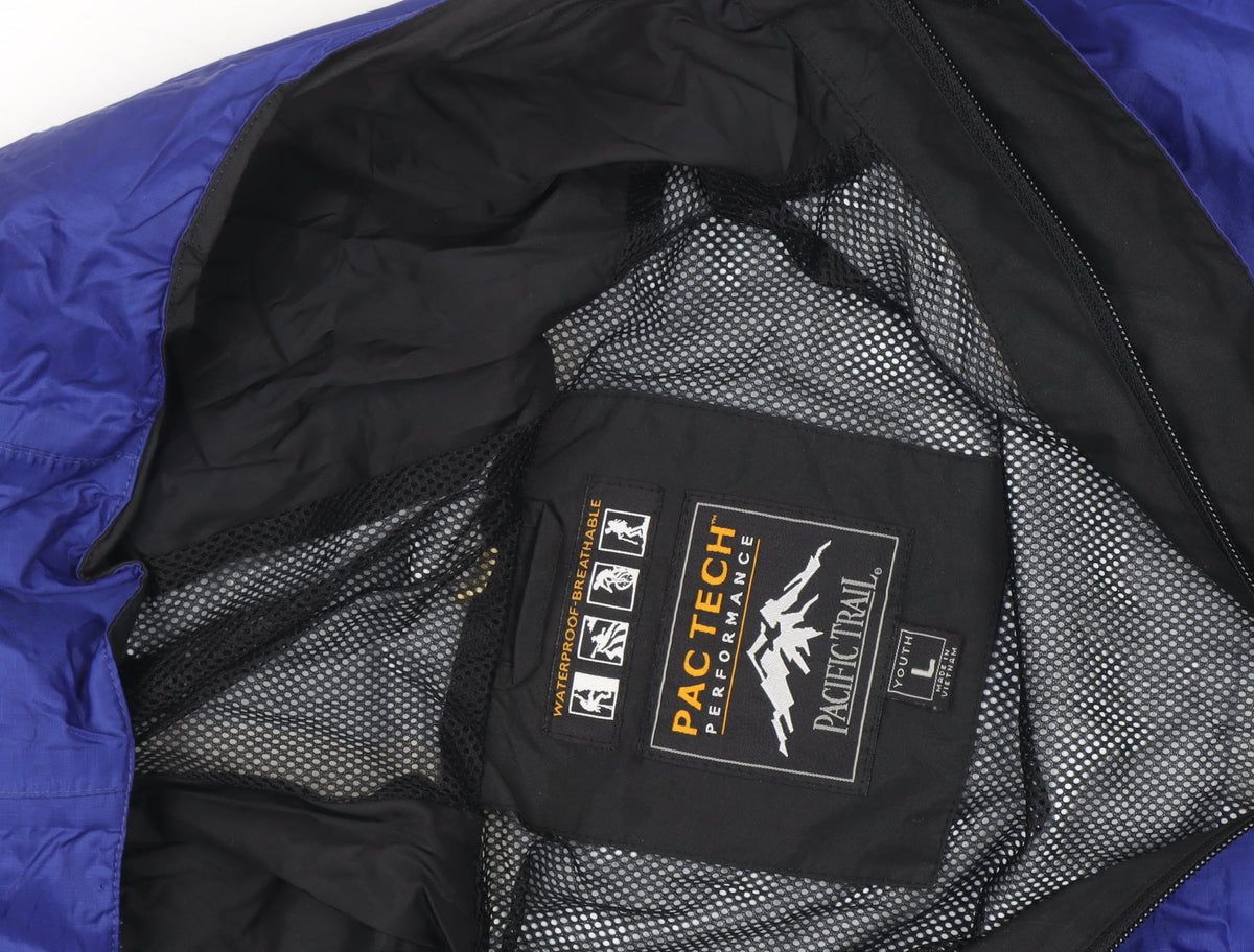 Brand and care label for Pacific Trail boys’ blue waterproof hooded rain coat jacket, size L