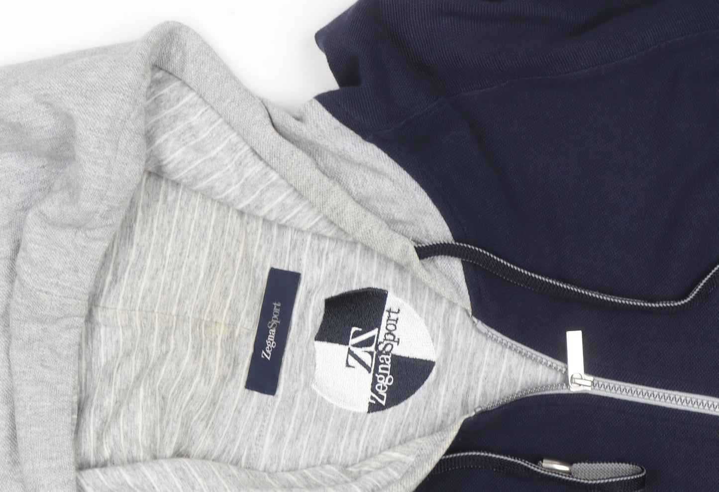Zegna Sport Mens Blue Full Zip Hoodie with Grey Hood Size L
