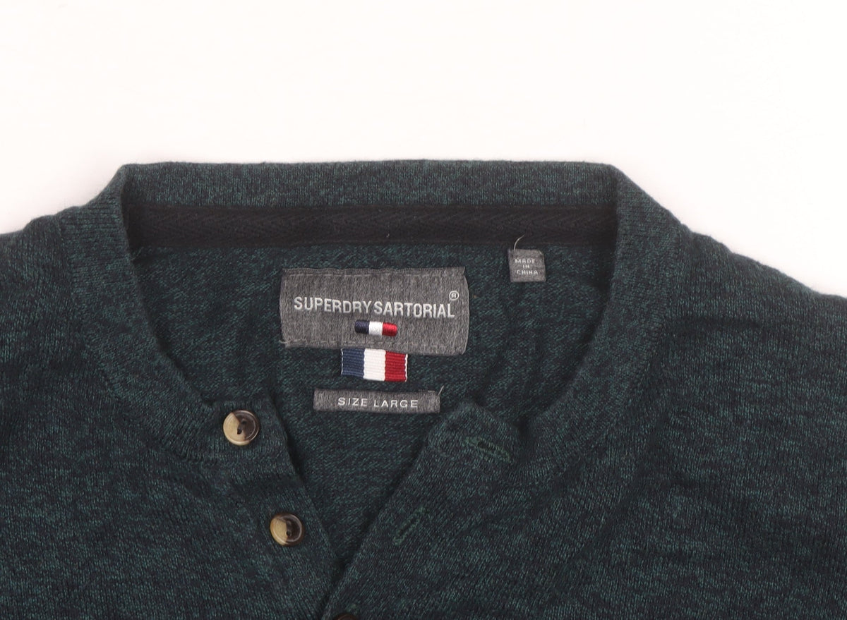 Superdry Mens Green Henley Knit Jumper Size L Long Sleeve Casual