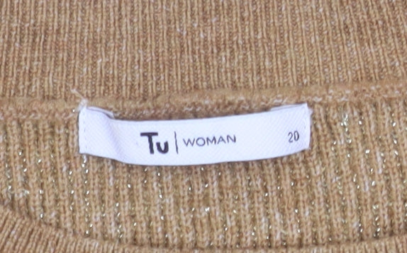 Tu Women Gold Metallic Knit Crew Neck Pullover Jumper Size 20