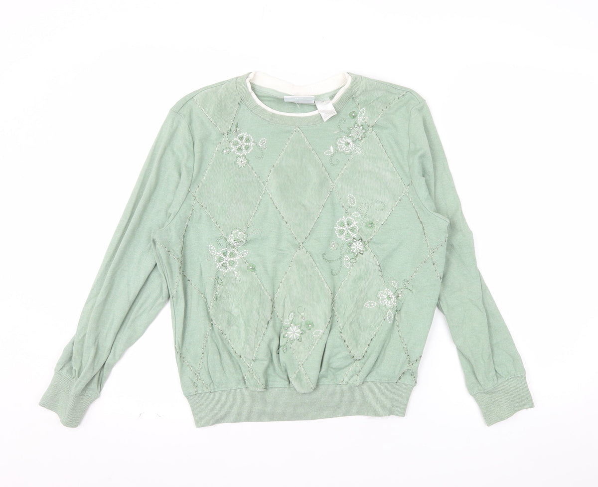 Alfred Dunner Petite Green Embroidered Argyle Long Sleeve Sweatshirt PM